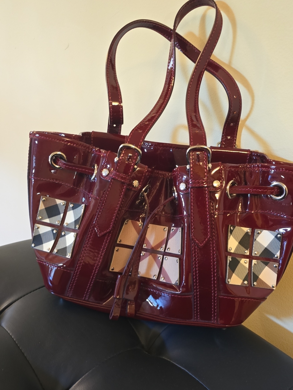 Vintage Burberry Patent Leather Burgundy Warrior Hobo Bag